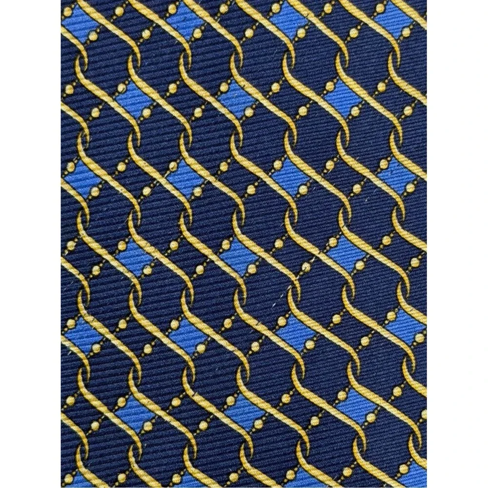 Gianni Versace Navy Gold Medusa Silk Tie Geometric Chain Pattern Italy Necktie